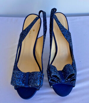Shies Heels Kate Spade NY Charm Navy Blue Glitter Sling Back 6 B